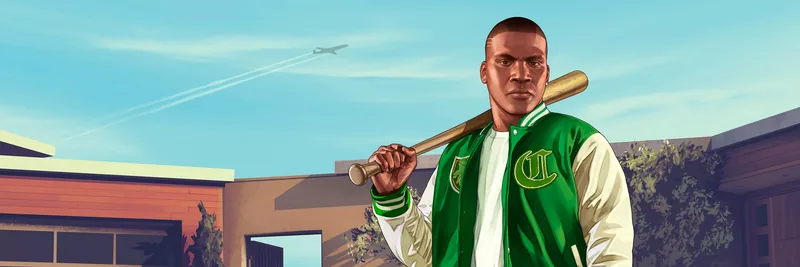 $FRANKLIN banner — Franklin with a bat outside the Vinewood Hills house