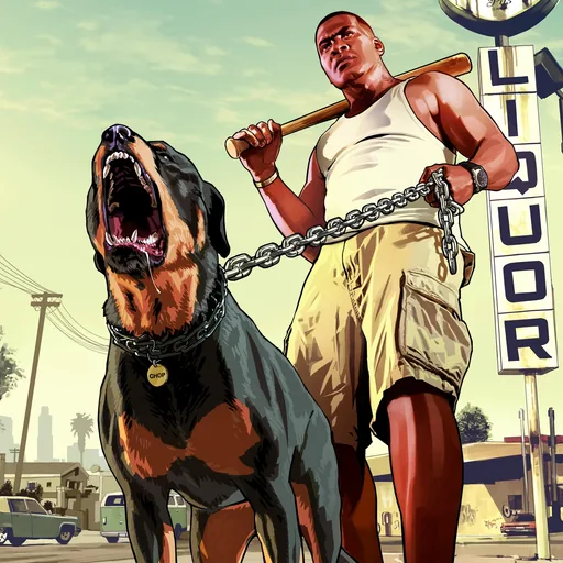 Franklin with a bat on his shoulder and Chop on a chain outside a South LS liquor store