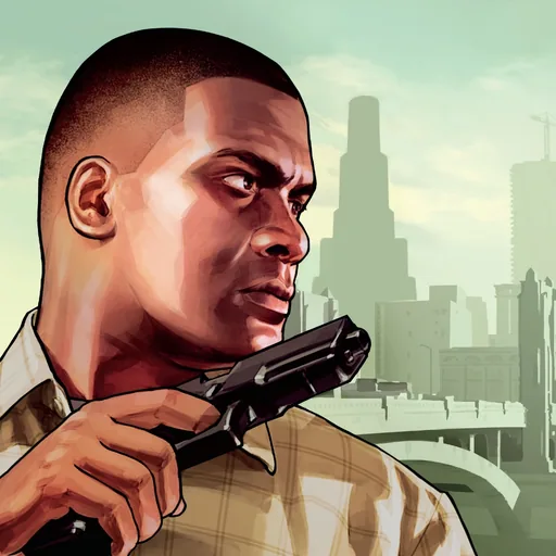 Franklin with a pistol against the downtown skyline, from the GTA V box art
