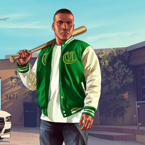 Franklin in a green varsity jacket with a bat outside the Vinewood Hills house