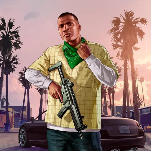 Franklin in a green bandana on a palm-lined Los Santos street