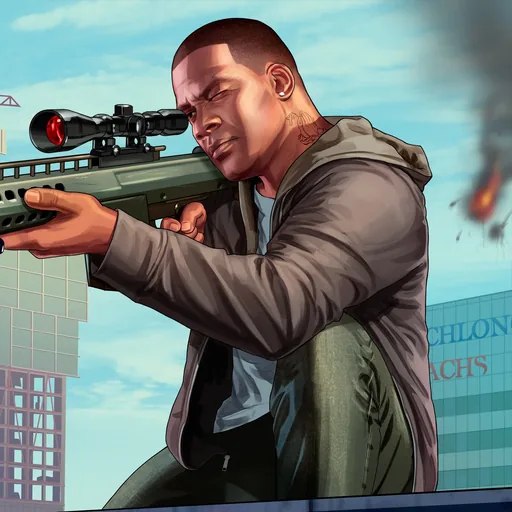 Franklin lining up a sniper shot from a downtown rooftop